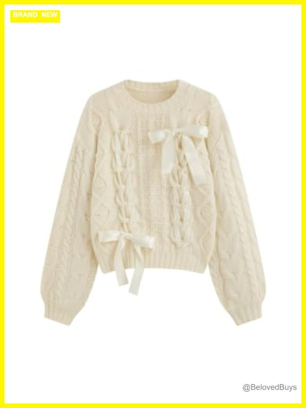 Cable Knit Cropped Sweater Ribbon Bow Balloon Sleeve Pullover